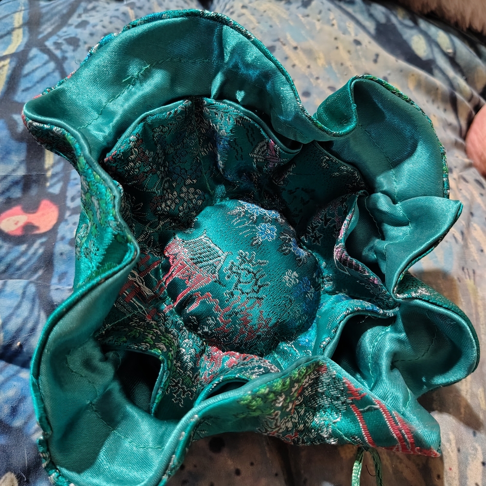 Vintage  Jewelry Silk Pouch/Teal Silk Asian Pattern/ Drawstring pouch/ 8 Pockets